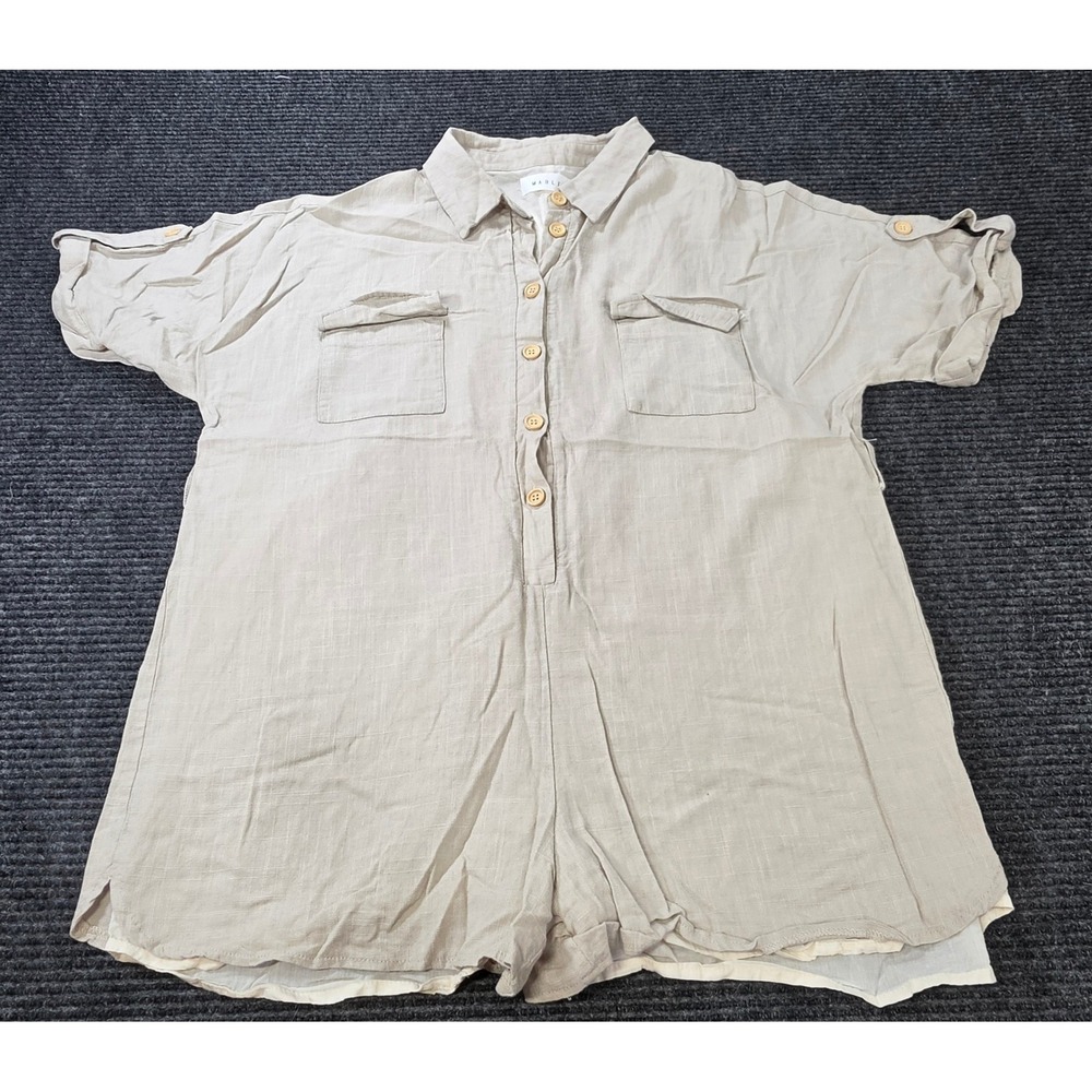 MABLE Romper Womens M Oatmeal Excellent‎ Short Sleeve Button Front Utility Linen